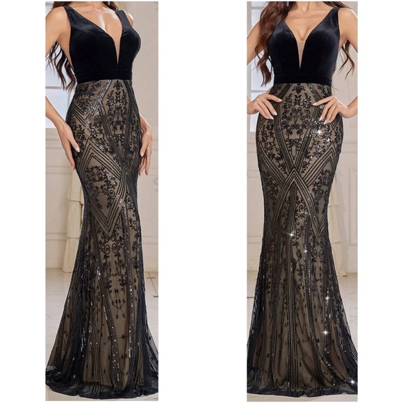 Luxe Sequin Velvet Mermaid Hem Formal Evening Party Wedding Dress - Picture 2 of 3